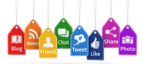 Labels with social media icons. Concept. Social media presence content marketing